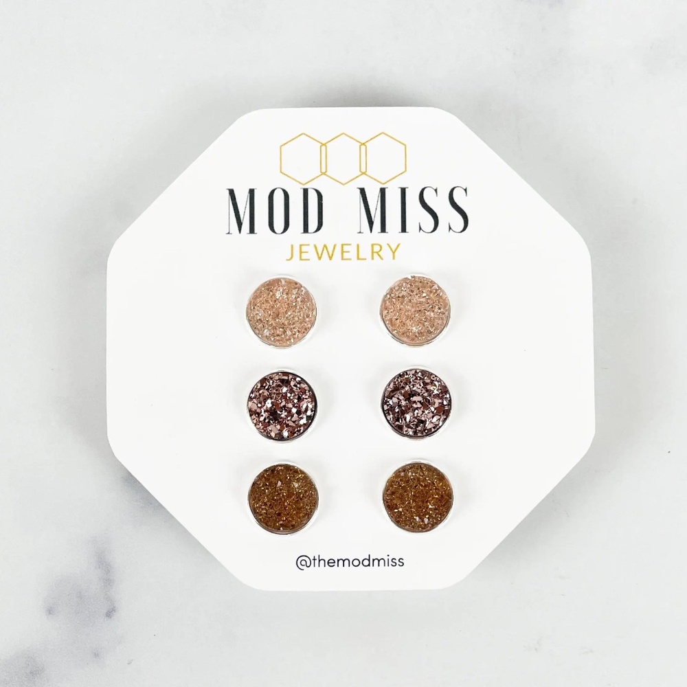 Druzy Stud Earring Set of 3 “Blush, Rose Gold, & Toasted Coconut" - NEW WITH TAG